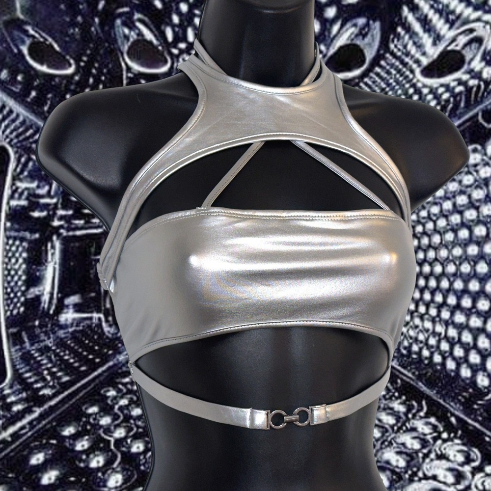 New XS Silver Metallic Cutout Halter Crop Top Rave Festival Bralette Y2k